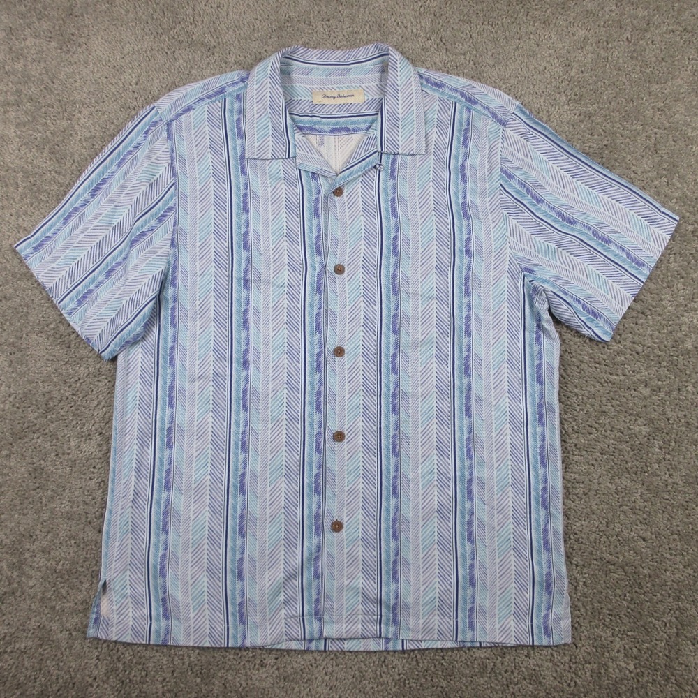Tommy Bahama Shirt Mens Large Blue Geometric Silk Camp Hawaiian Aloha Button Up